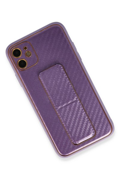 Mey İthalat®  iPhone 12 Kılıf Coco Karbon Standlı Kapak - Mor