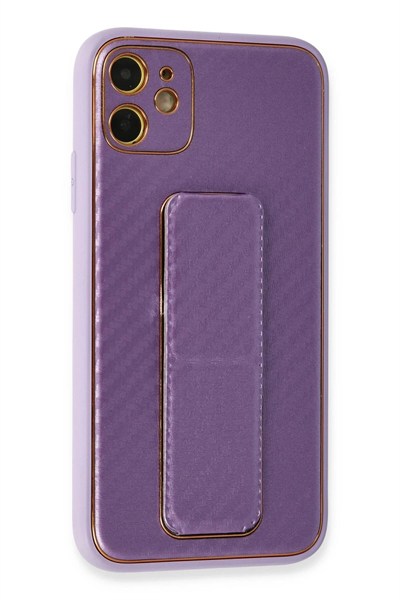 Mey İthalat®  iPhone 12 Kılıf Coco Karbon Standlı Kapak - Mor