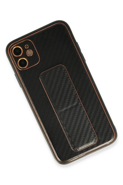 Mey İthalat®  iPhone 12 Kılıf Coco Karbon Standlı Kapak - Siyah