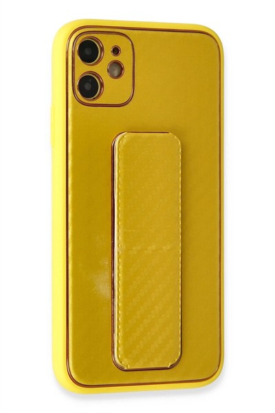 Mey İthalat®  iPhone 12 Kılıf Coco Karbon Standlı Kapak - Sarı