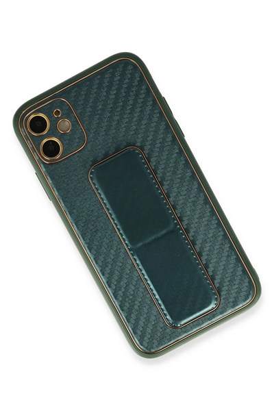 Mey İthalat®  iPhone 12 Kılıf Coco Karbon Standlı Kapak - Yeşil
