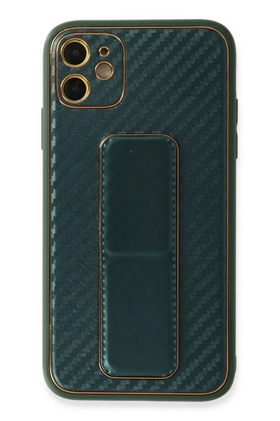 Mey İthalat®  iPhone 12 Kılıf Coco Karbon Standlı Kapak - Yeşil