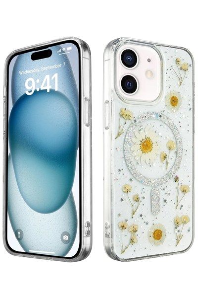 Mey İthalat®  iPhone 12 Kılıf Daisy Simli Magsafe Kapak - Gümüş
