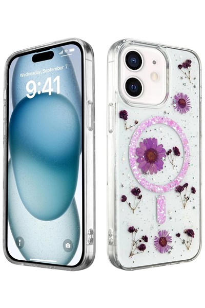 Mey İthalat®  iPhone 12 Kılıf Daisy Simli Magsafe Kapak - Mor