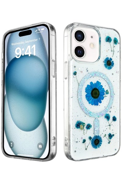 Mey İthalat®  iPhone 12 Kılıf Daisy Simli Magsafe Kapak - Mavi