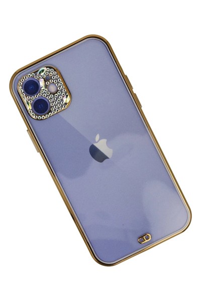 Mey İthalat®  iPhone 12 Kılıf Liva Taşlı Silikon - Mor