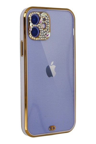 Mey İthalat®  iPhone 12 Kılıf Liva Taşlı Silikon - Mor