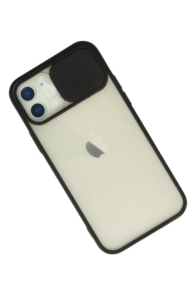 Mey İthalat®  iPhone 12 Kılıf Palm Buzlu Kamera Sürgülü Silikon - Siyah