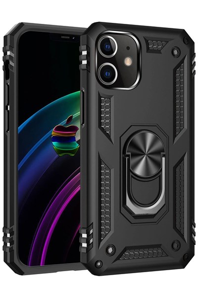 Mey İthalat®  iPhone 12 Kılıf Sofya Yüzüklü Silikon Kapak - Siyah