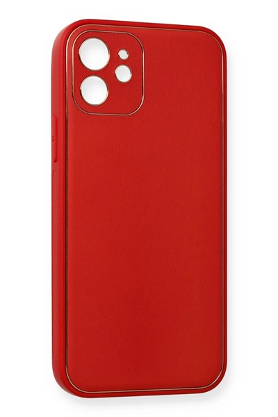 Mey İthalat®  iPhone 12 Mini Kılıf Coco Deri Silikon Kapak - Kırmızı