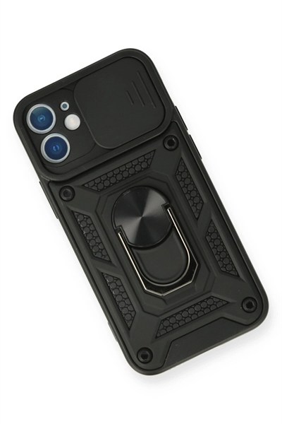 Mey İthalat®  iPhone 12 Mini Kılıf Pars Lens Yüzüklü Silikon - Siyah