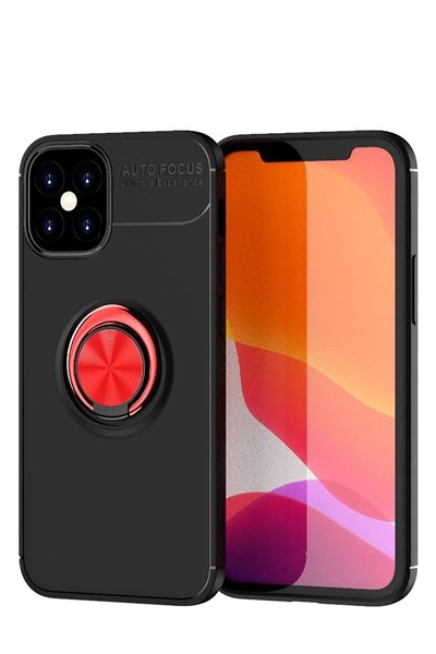 Mey İthalat®  iPhone 12 Mini Kılıf Range Yüzüklü Silikon - Siyah-Kırmızı