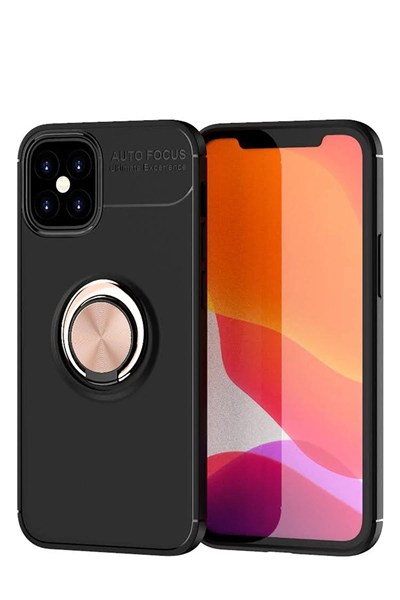 Mey İthalat®  iPhone 12 Mini Kılıf Range Yüzüklü Silikon - Siyah-Gold