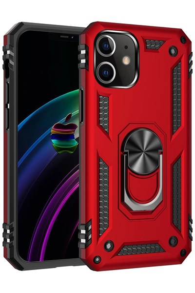 Mey İthalat®  iPhone 12 Mini Kılıf Sofya Yüzüklü Silikon Kapak - Kırmızı