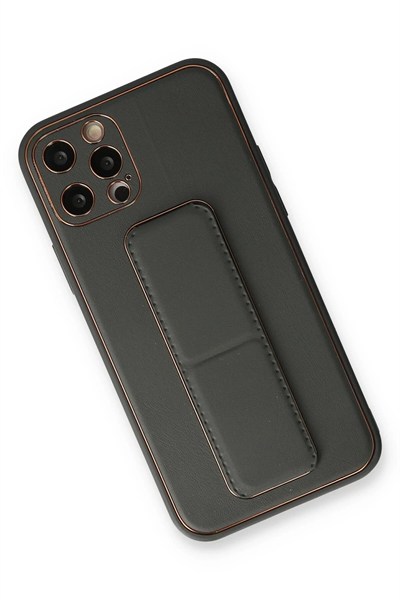 Mey İthalat®  iPhone 12 Pro Kılıf Coco Deri Standlı Kapak - Füme