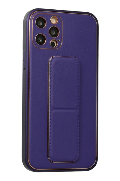 Mey İthalat®  iPhone 12 Pro Kılıf Coco Deri Standlı Kapak - Mor
