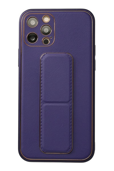 Mey İthalat®  iPhone 12 Pro Kılıf Coco Deri Standlı Kapak - Mor