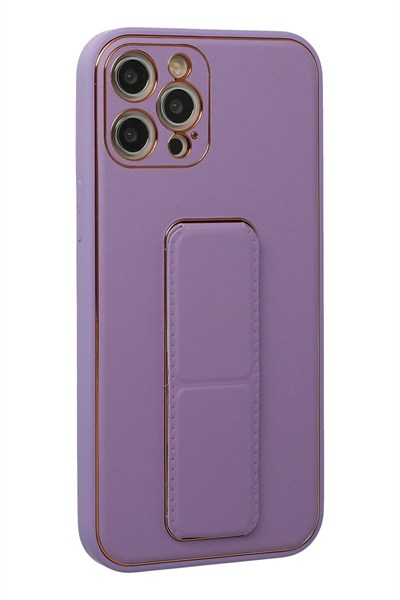 Mey İthalat®  iPhone 12 Pro Kılıf Coco Deri Standlı Kapak - Lila