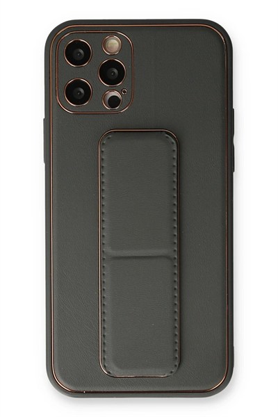 Mey İthalat®  iPhone 12 Pro Kılıf Coco Deri Standlı Kapak - Füme