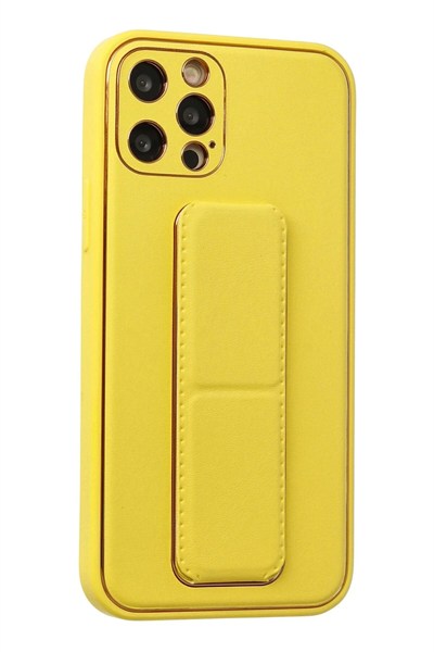 Mey İthalat®  iPhone 12 Pro Kılıf Coco Deri Standlı Kapak - Sarı