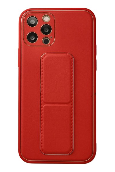 Mey İthalat®  iPhone 12 Pro Kılıf Coco Deri Standlı Kapak - Kırmızı