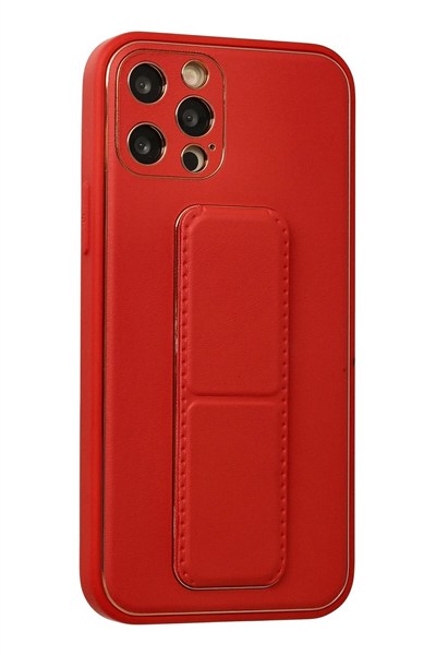 Mey İthalat®  iPhone 12 Pro Kılıf Coco Deri Standlı Kapak - Kırmızı