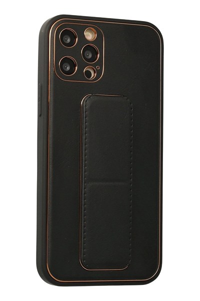 Mey İthalat®  iPhone 12 Pro Kılıf Coco Deri Standlı Kapak - Siyah