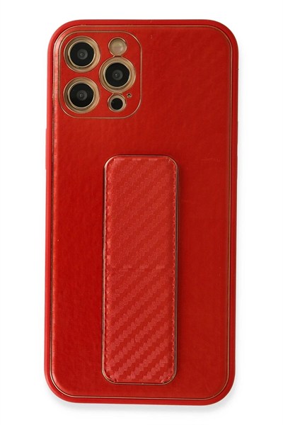 Mey İthalat®  iPhone 12 Pro Kılıf Coco Karbon Standlı Kapak - Kırmızı