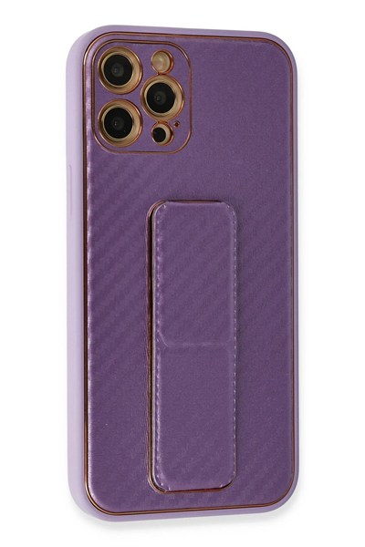 Mey İthalat®  iPhone 12 Pro Kılıf Coco Karbon Standlı Kapak - Mor