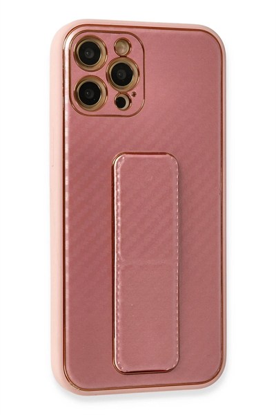 Mey İthalat®  iPhone 12 Pro Kılıf Coco Karbon Standlı Kapak - Pembe