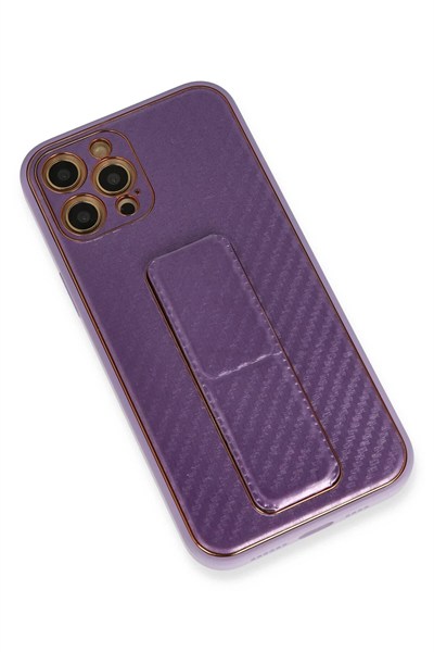 Mey İthalat®  iPhone 12 Pro Kılıf Coco Karbon Standlı Kapak - Mor