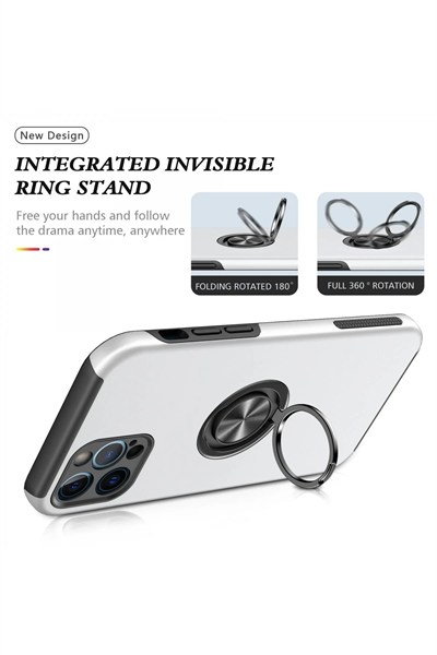 Mey İthalat®  iPhone 12 Pro Kılıf Elit Yüzüklü Kapak - Gümüş