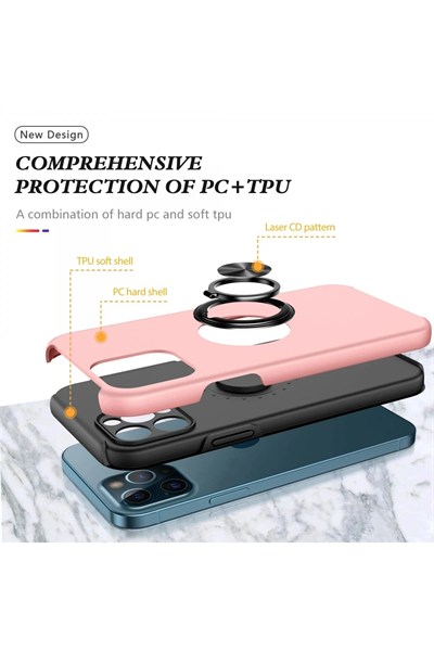 Mey İthalat®  iPhone 12 Pro Kılıf Elit Yüzüklü Kapak - Pembe