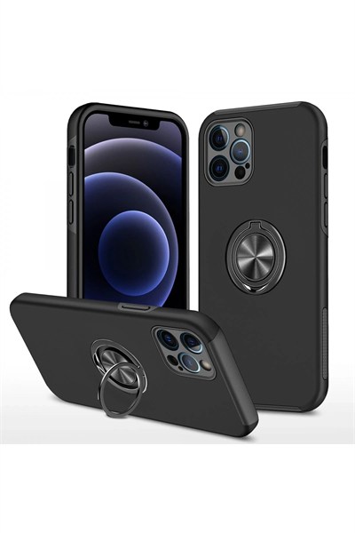 Mey İthalat®  iPhone 12 Pro Kılıf Elit Yüzüklü Kapak - Siyah