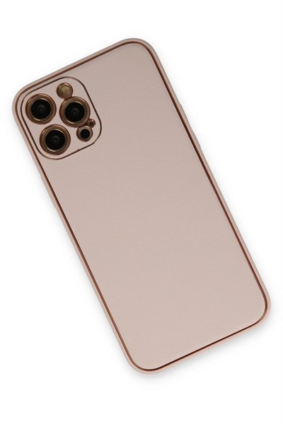 Mey İthalat®  iPhone 12 Pro Max Kılıf Coco Deri Silikon Kapak - Pudra
