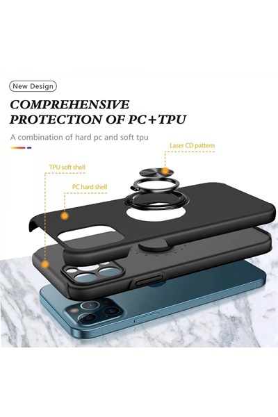 Mey İthalat®  iPhone 12 Pro Max Kılıf Elit Yüzüklü Kapak - Siyah
