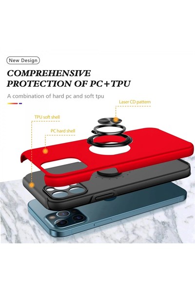 Mey İthalat®  iPhone 12 Pro Max Kılıf Elit Yüzüklü Kapak - Kırmızı