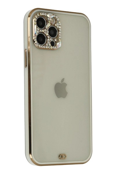 Mey İthalat®  iPhone 12 Pro Max Kılıf Liva Taşlı Silikon - Beyaz