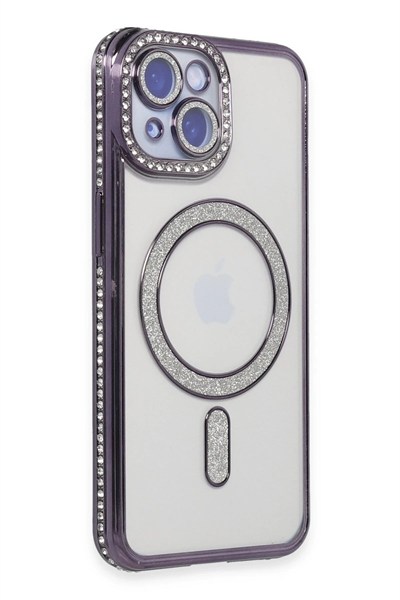 Mey İthalat®  iPhone 13 Kılıf Joke Simli Magneticsafe Kılıf - Derin Mor