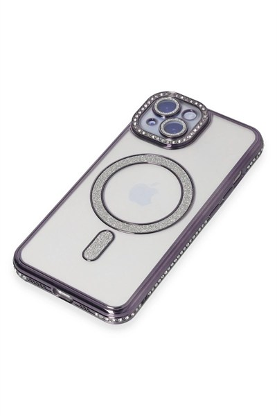 Mey İthalat®  iPhone 13 Kılıf Joke Simli Magneticsafe Kılıf - Derin Mor
