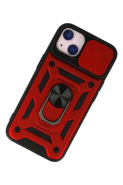 Mey İthalat®  iPhone 13 Kılıf Pars Lens Yüzüklü Silikon - Kırmızı