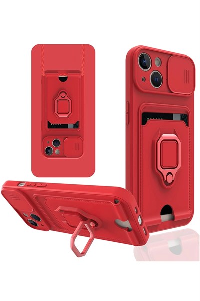 Mey İthalat®  iPhone 13 Kılıf Zuma Kartvizitli Yüzüklü Silikon - Kırmızı