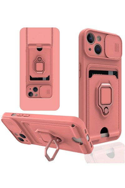 Mey İthalat®  iPhone 13 Kılıf Zuma Kartvizitli Yüzüklü Silikon - Pembe