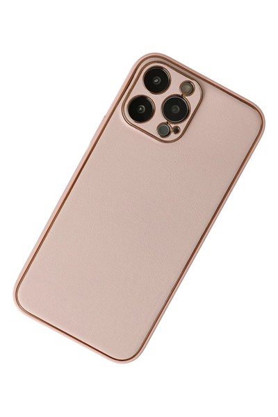 Mey İthalat®  iPhone 13 Pro Kılıf Coco Deri Silikon Kapak - Pudra