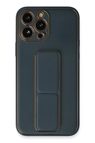 Mey İthalat®  iPhone 13 Pro Kılıf Coco Deri Standlı Kapak - Mavi