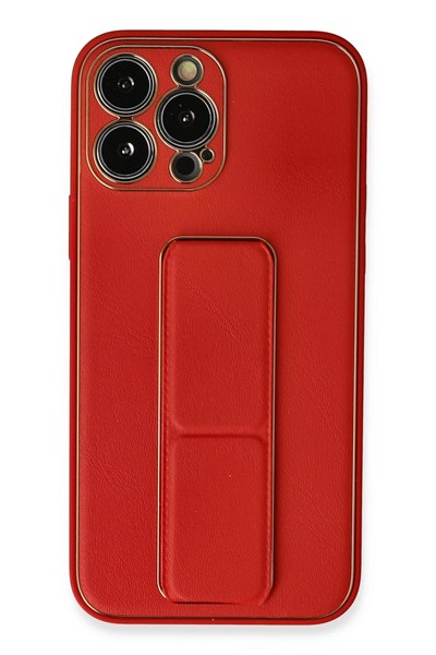 Mey İthalat®  iPhone 13 Pro Kılıf Coco Deri Standlı Kapak - Kırmızı
