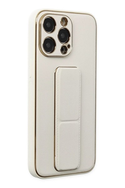Mey İthalat®  iPhone 13 Pro Kılıf Coco Deri Standlı Kapak - Beyaz