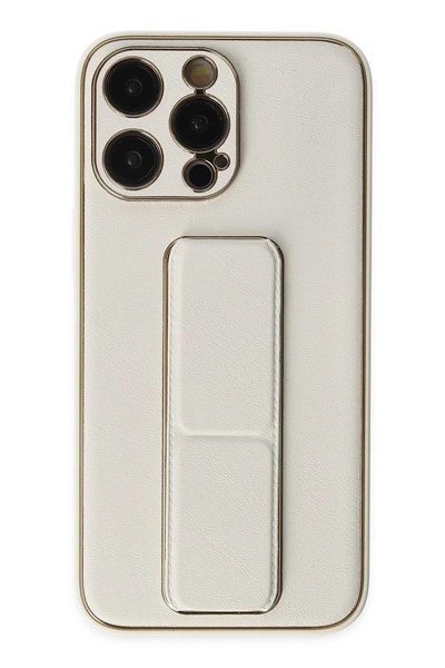 Mey İthalat®  iPhone 13 Pro Kılıf Coco Deri Standlı Kapak - Beyaz