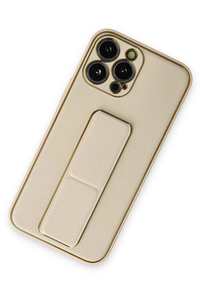 Mey İthalat®  iPhone 13 Pro Kılıf Coco Deri Standlı Kapak - Gold
