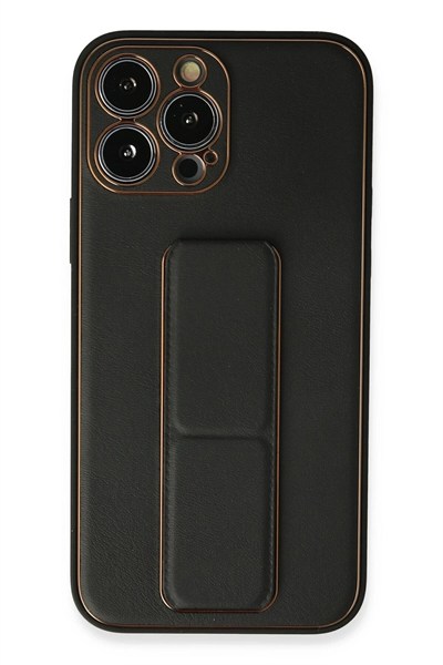 Mey İthalat®  iPhone 13 Pro Kılıf Coco Deri Standlı Kapak - Siyah